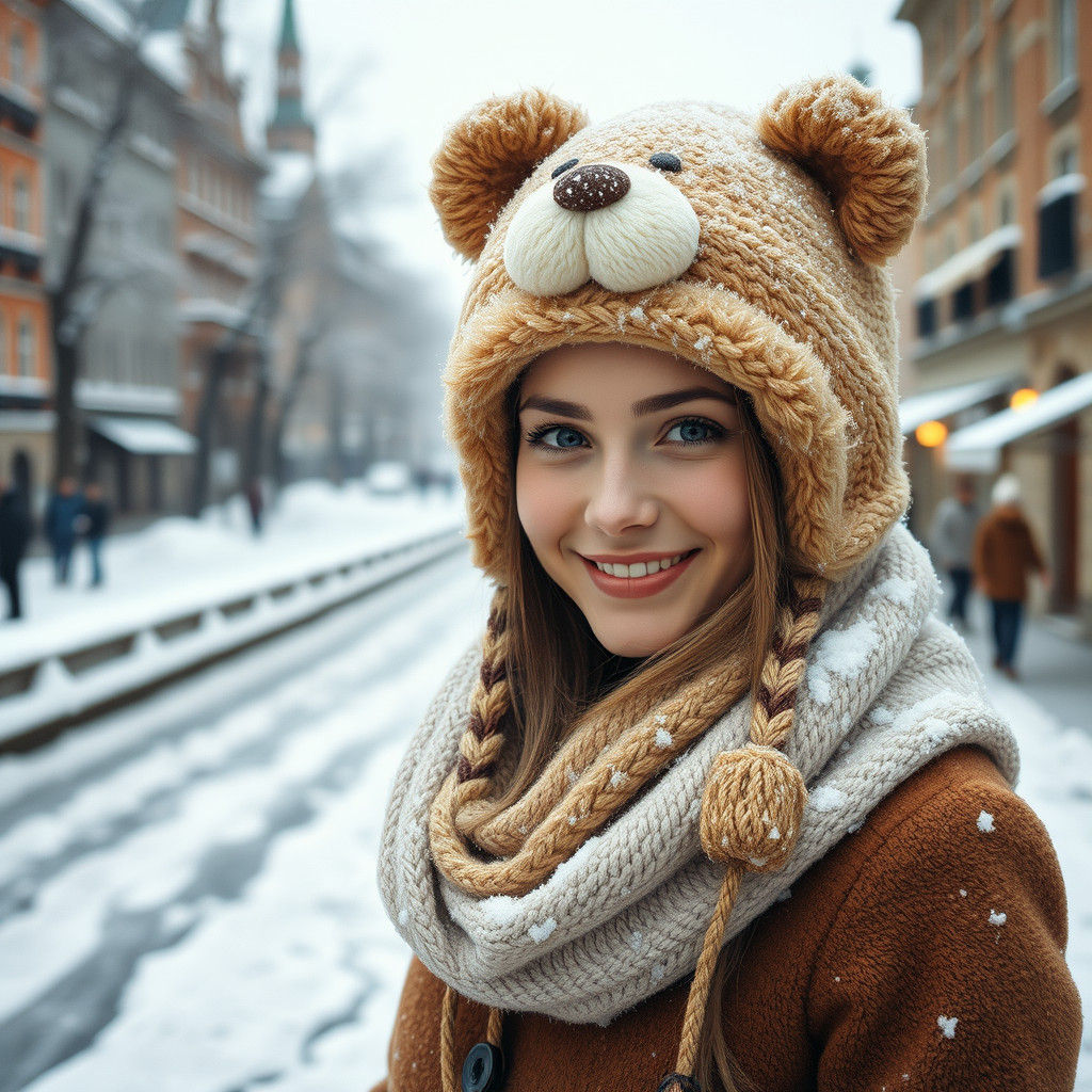 Photo portrait of a gorgeous young woman wearing a cozy and cuddly bear hat on a cold winter day  by @Fokje