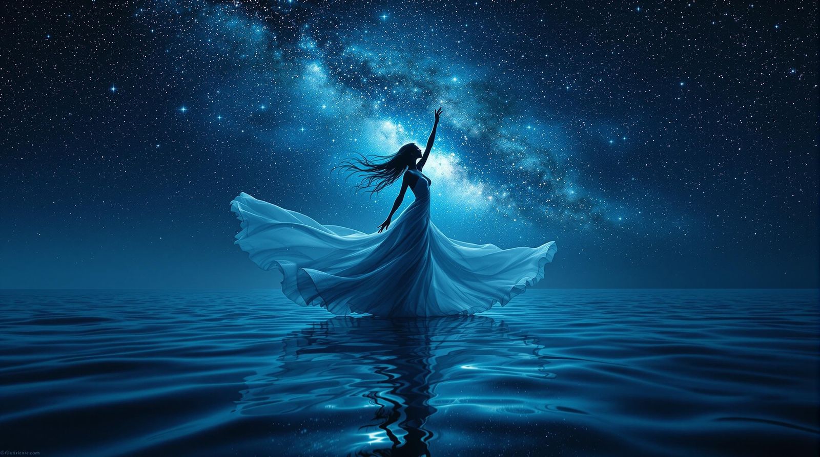 Silhouette art of a female dancer, dancing elegantly on the ocean surface with ripples  by @Alan