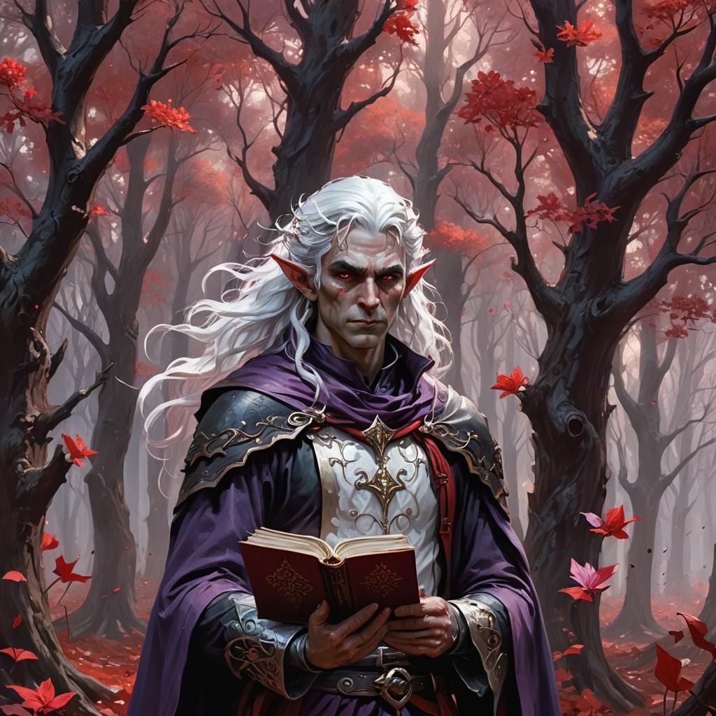 Elf Mage in Red Forest: Dark Fantasy Concept Art
