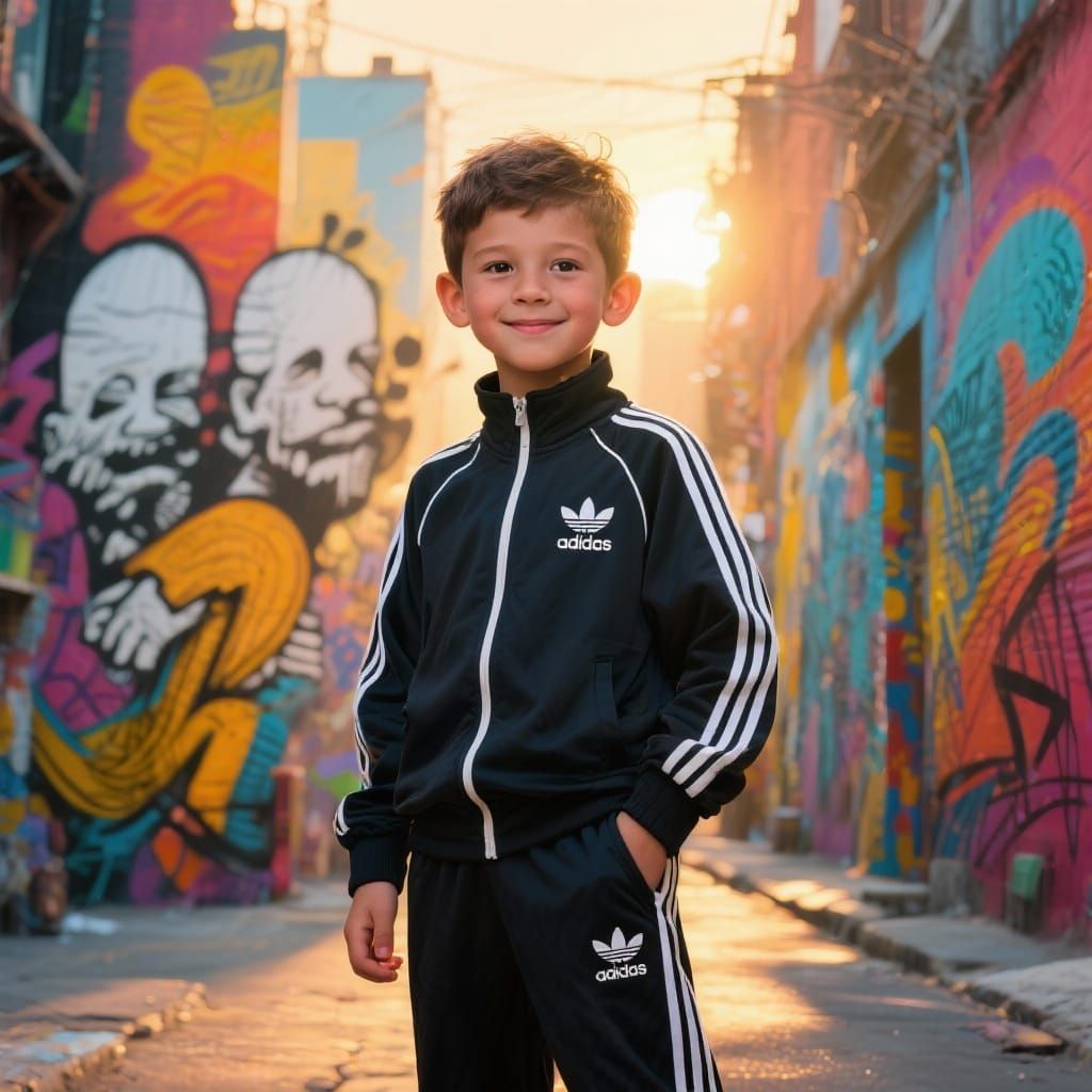 Boy in Adidas Tracksuit with Urban Street Art Background