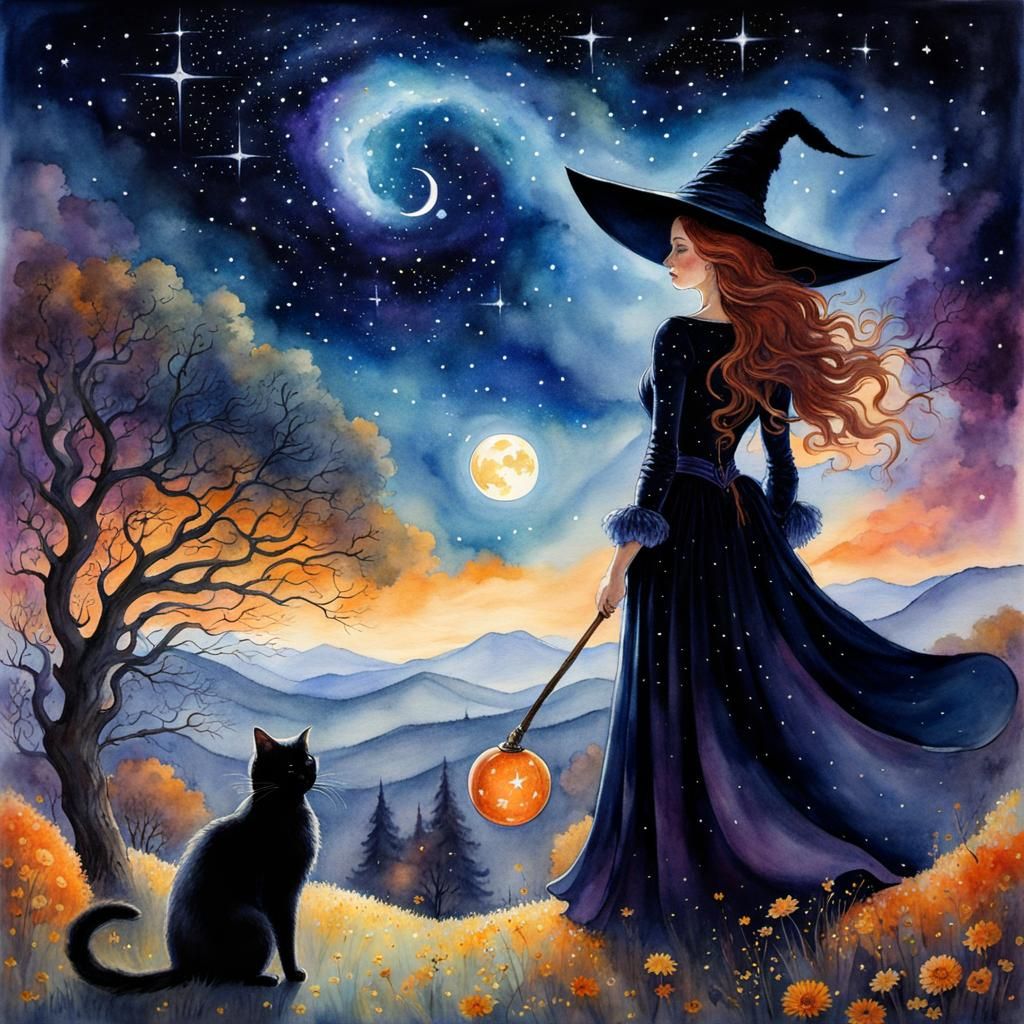 A witch and her black cat under the stars