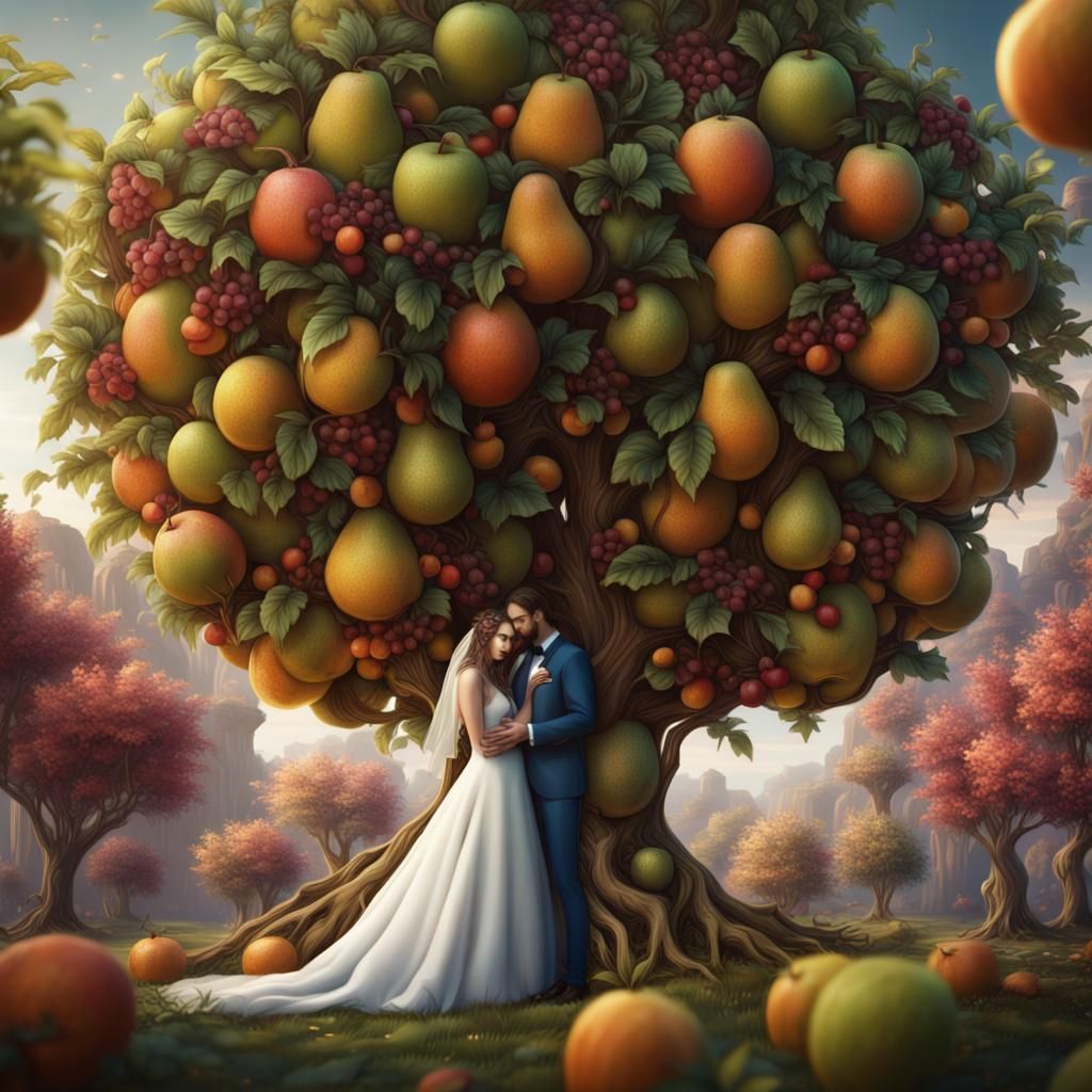 wedding couple hugging in the shape of fruit trees