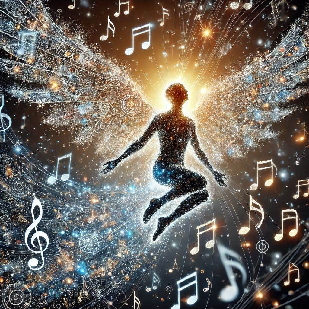 a person with wings, surrounded by hundreds of glowing notes...