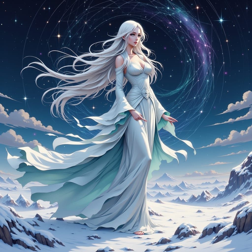 Highly detailed digital painting. A beautiful winter goddess like cosmic dancer, delicately dances the dance of creation in a <lora:Lacquere...