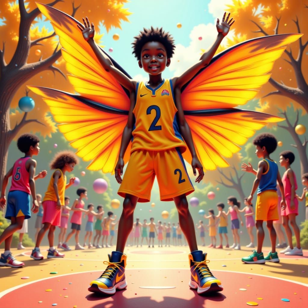 A Robin is PROUDLY cheering  after winning a basketball game with friends. <lora:Board Happy:1.0>