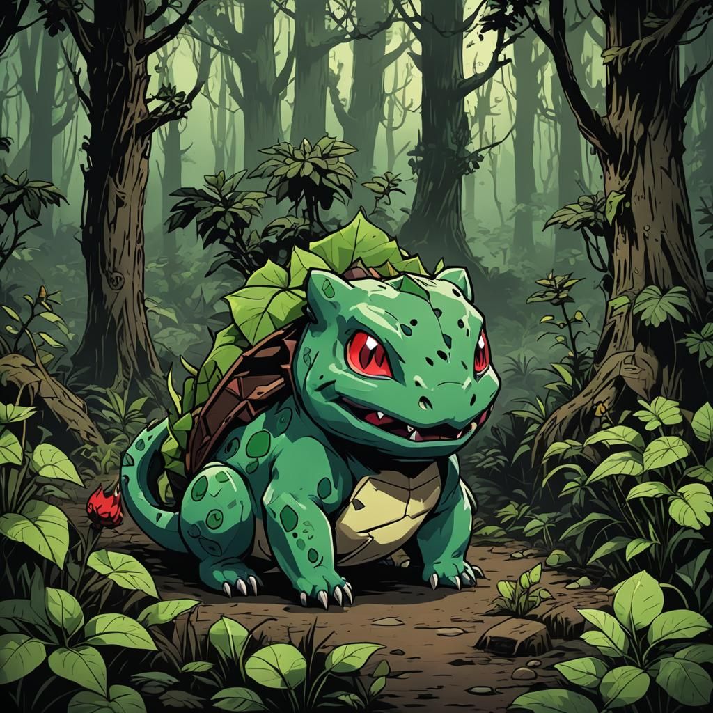 A darkest dungeon style of the Pokemon Bulbasaur in the woods AI