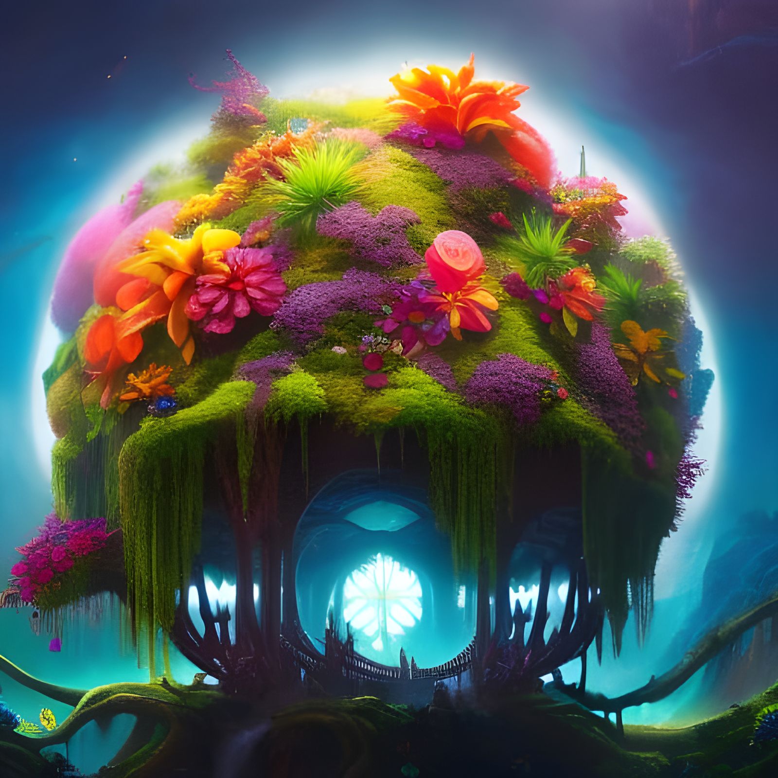 Elven Structure with Cosmic Flowers, Detailed Matte Painting