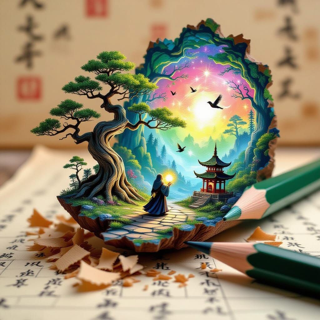 Create an intricate miniature scene carved into the tip of a sharpened pencil, featuring a mystical forest ...  by @Called Out Christian 