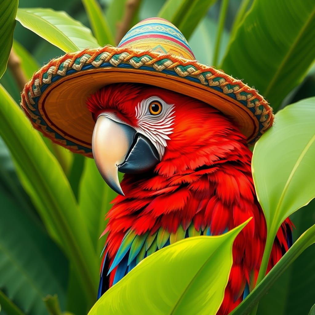 A scarlet MacCaw wearing a sombrero  by @RPGCatLover