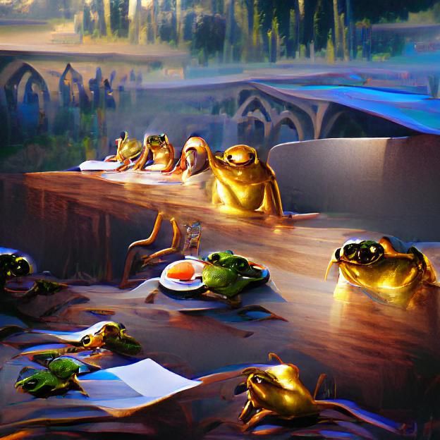 Frogs last supper golden hour 8k resolution concept art
