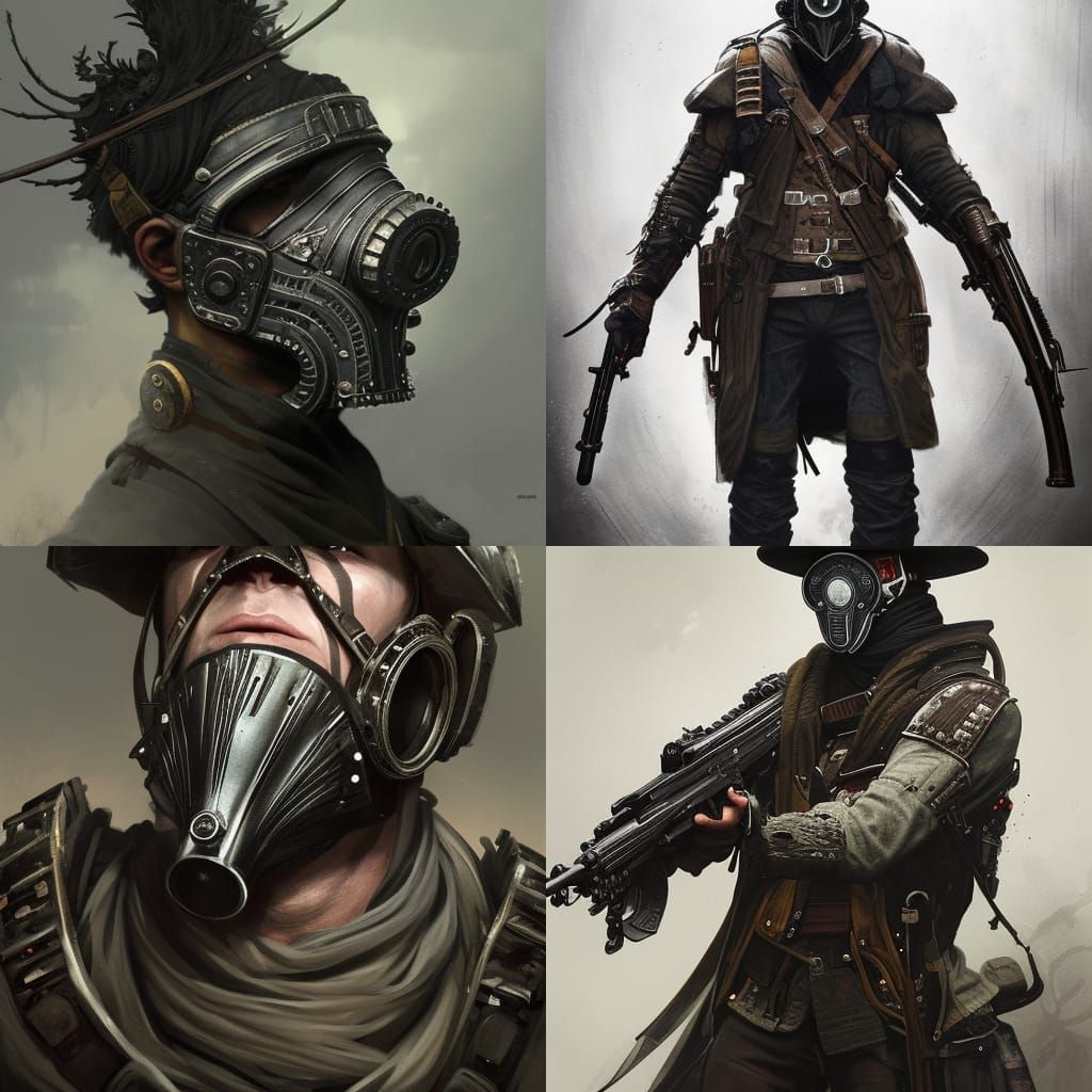Gunslinger male soldier bloodborne ferrofluid black gas mask