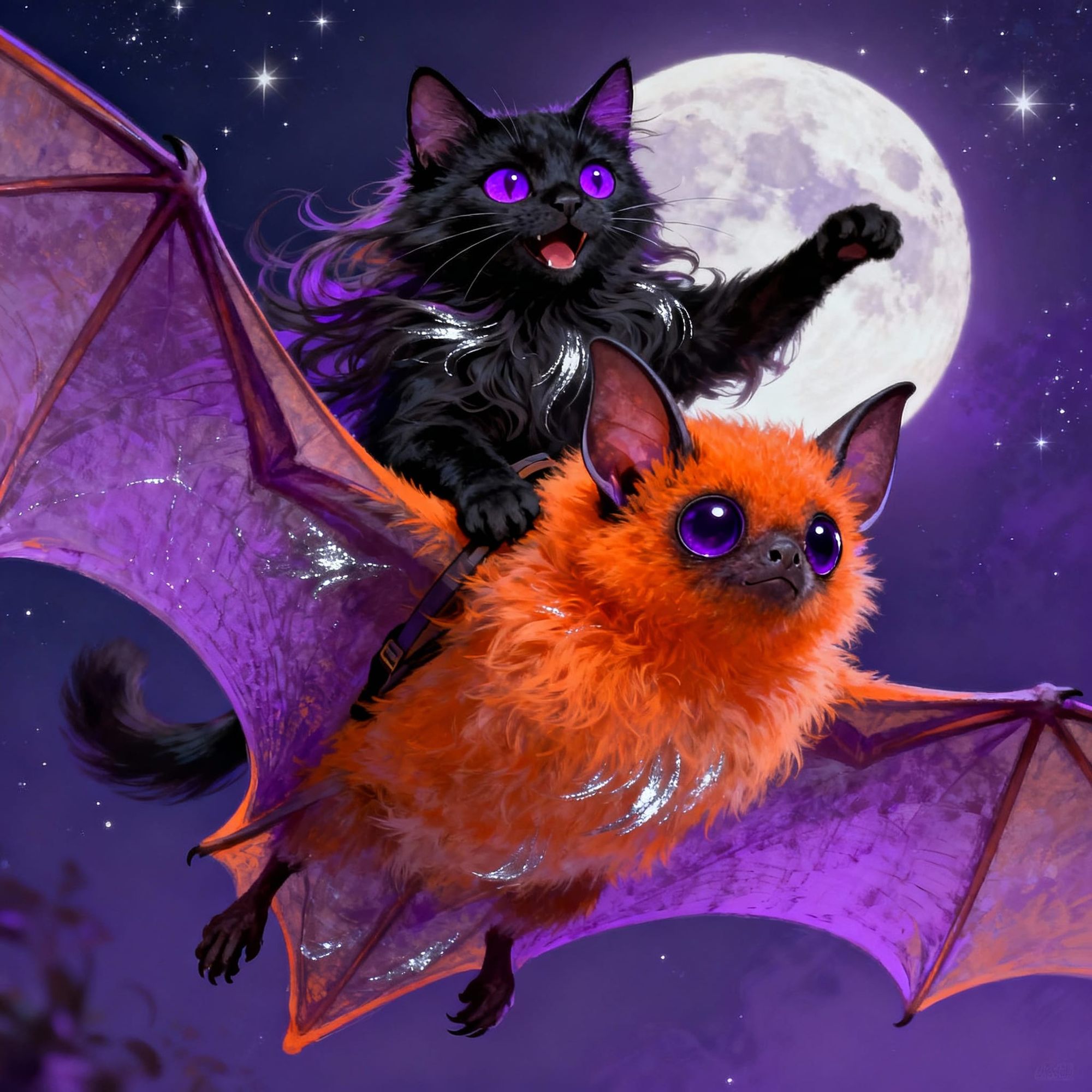 Coalby getting a ride on her bat friend, Echo