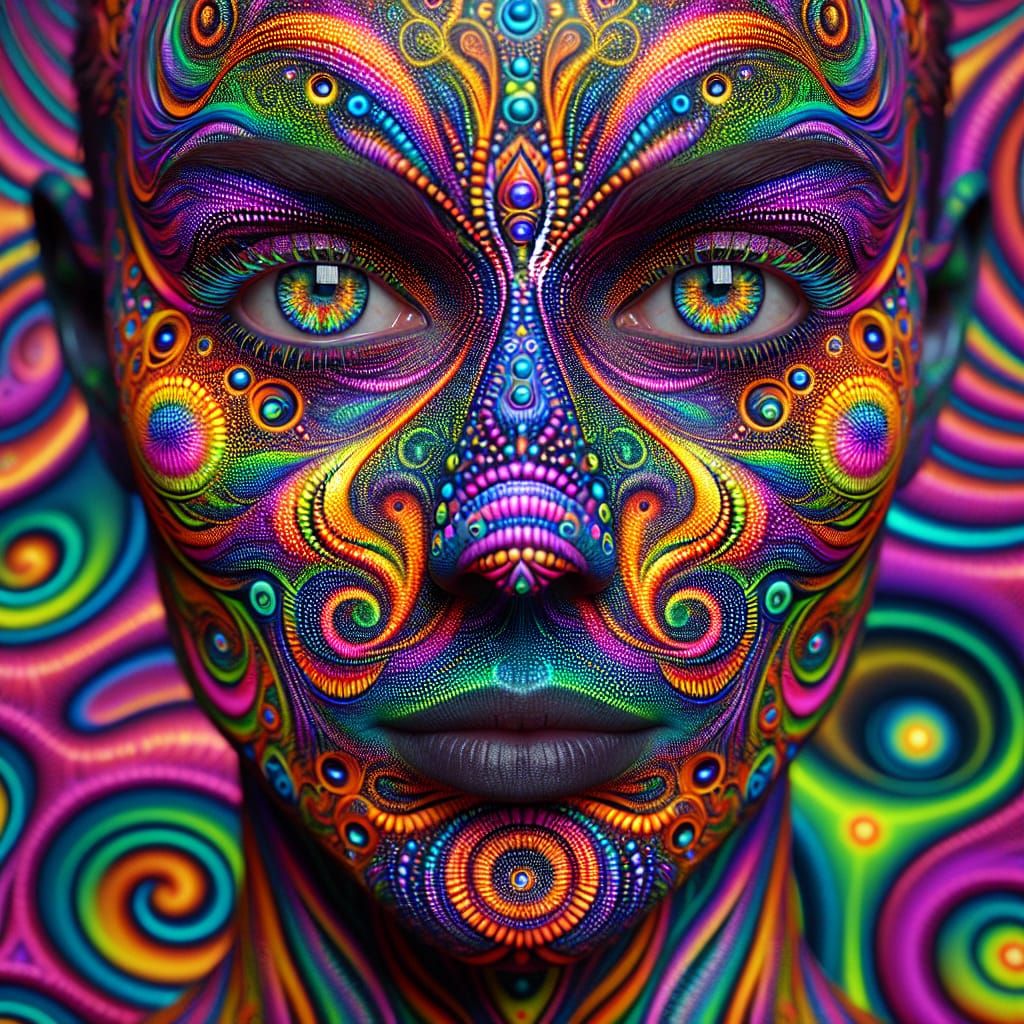 Create a hyper-detailed image of a person's face covered in vibrant ...