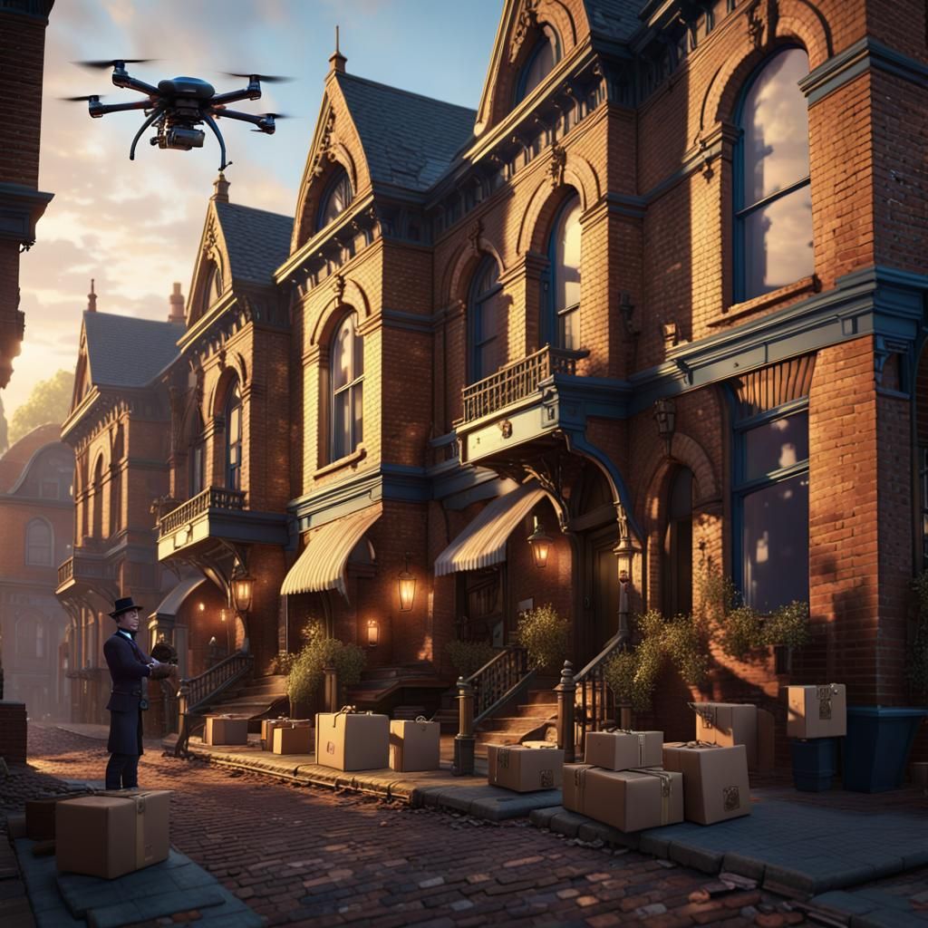 Drones delivering parcels to a Victorian Street
