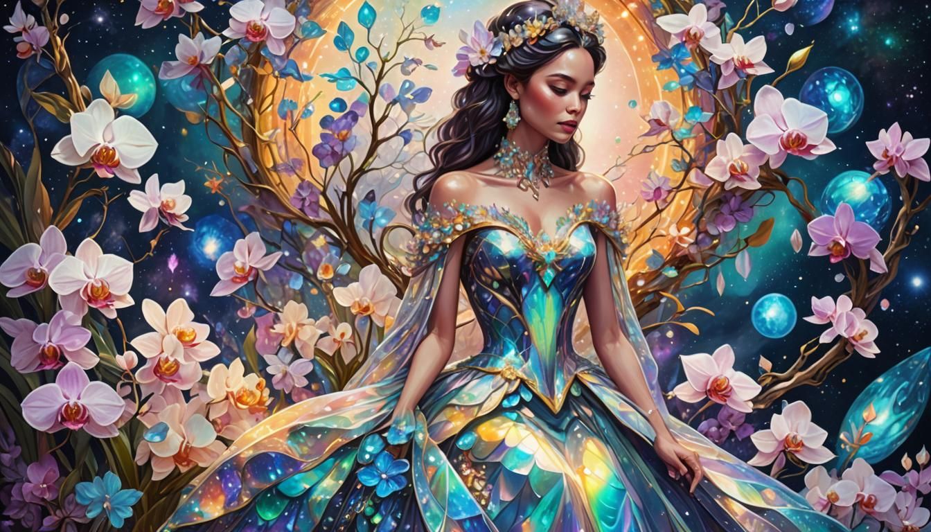 Stunning gown made of opals and orchids  by @Dorian