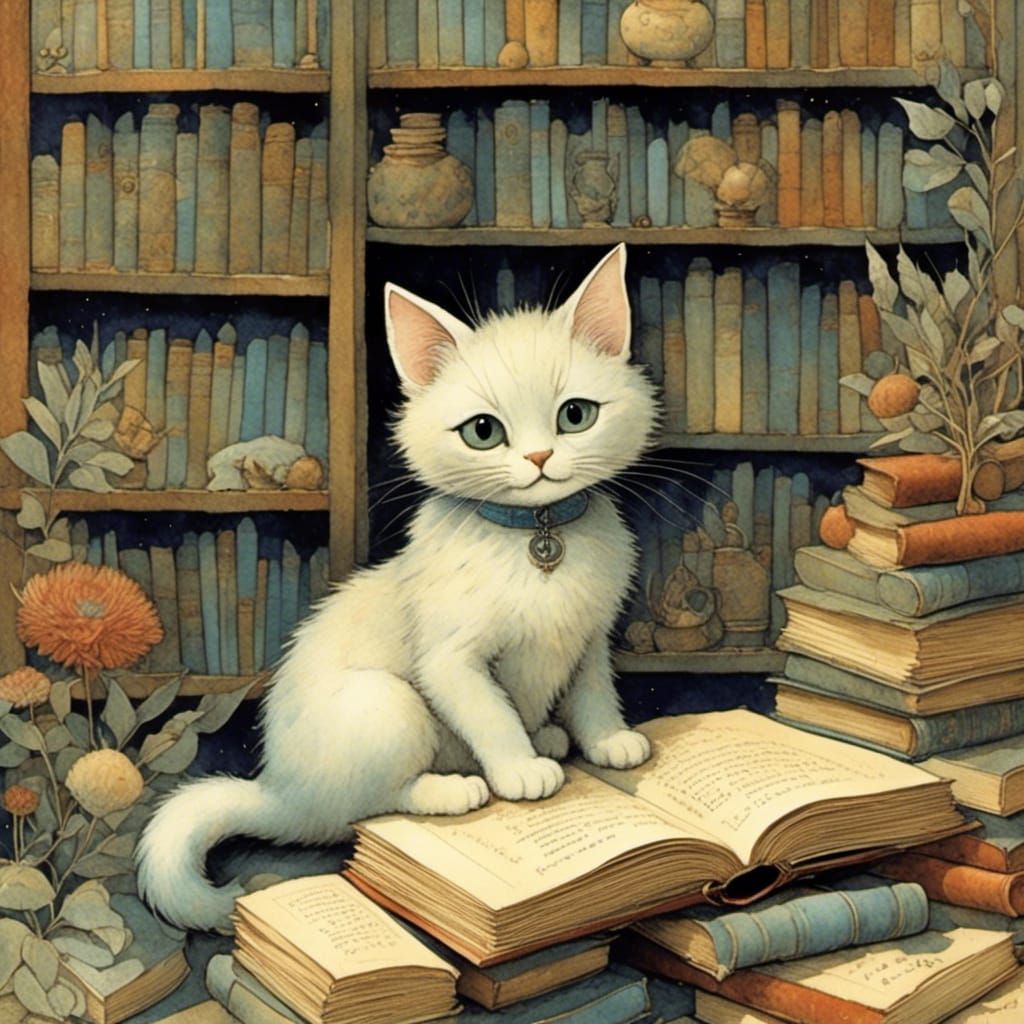 The cute cat sits between books in the wonderful book shop, ...