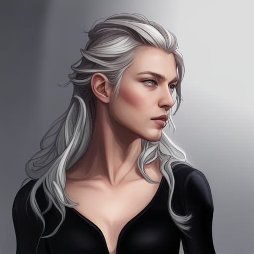 young woman with silver blonde hair wearing black armour