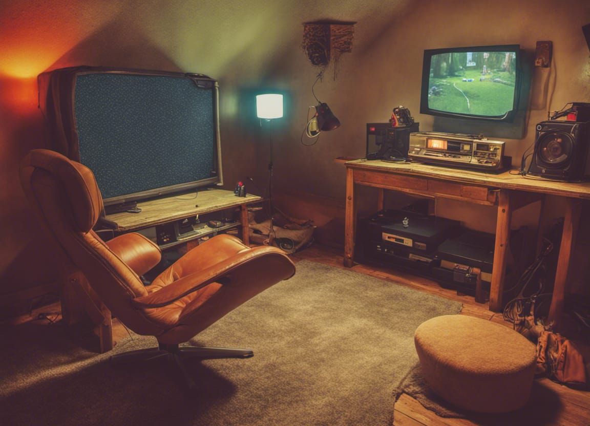 I sit in my Retro Underground shelter in woods with gaming r...