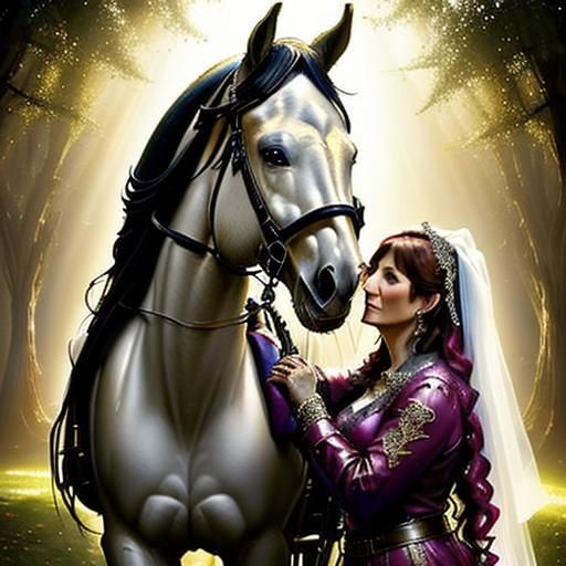  <lora:CreaturesNCharacters:1.0> A perfect (middle aged HisBride) Awaits from horseback: HisBride riding a horse