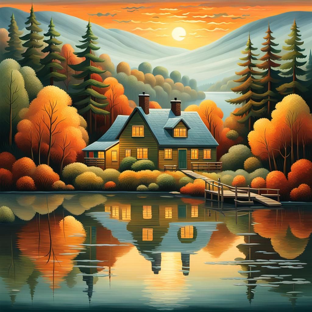 Naïve Art Cottage on Lake at Winter Sunrise