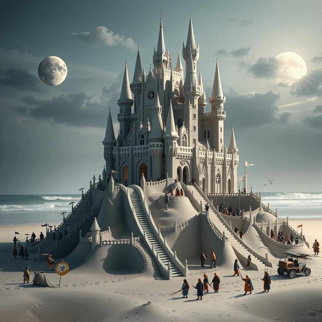 Meticulous pearl white Gothic sand castle on a surreal beach. Scene of a siege by tiny miniature humans. ...  by @Pharaoh Julia