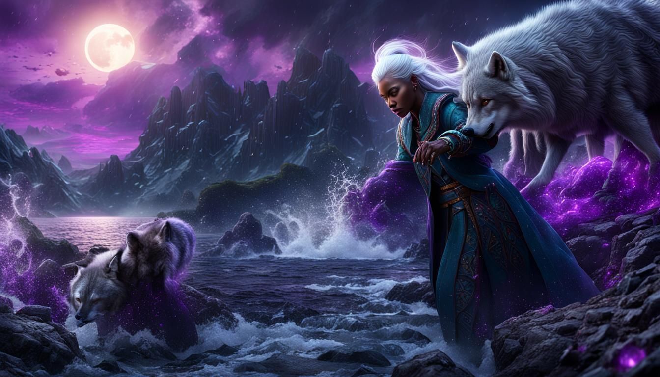 "white hair, purple eyes, ebony woman, wolf, Epic cinematic ...