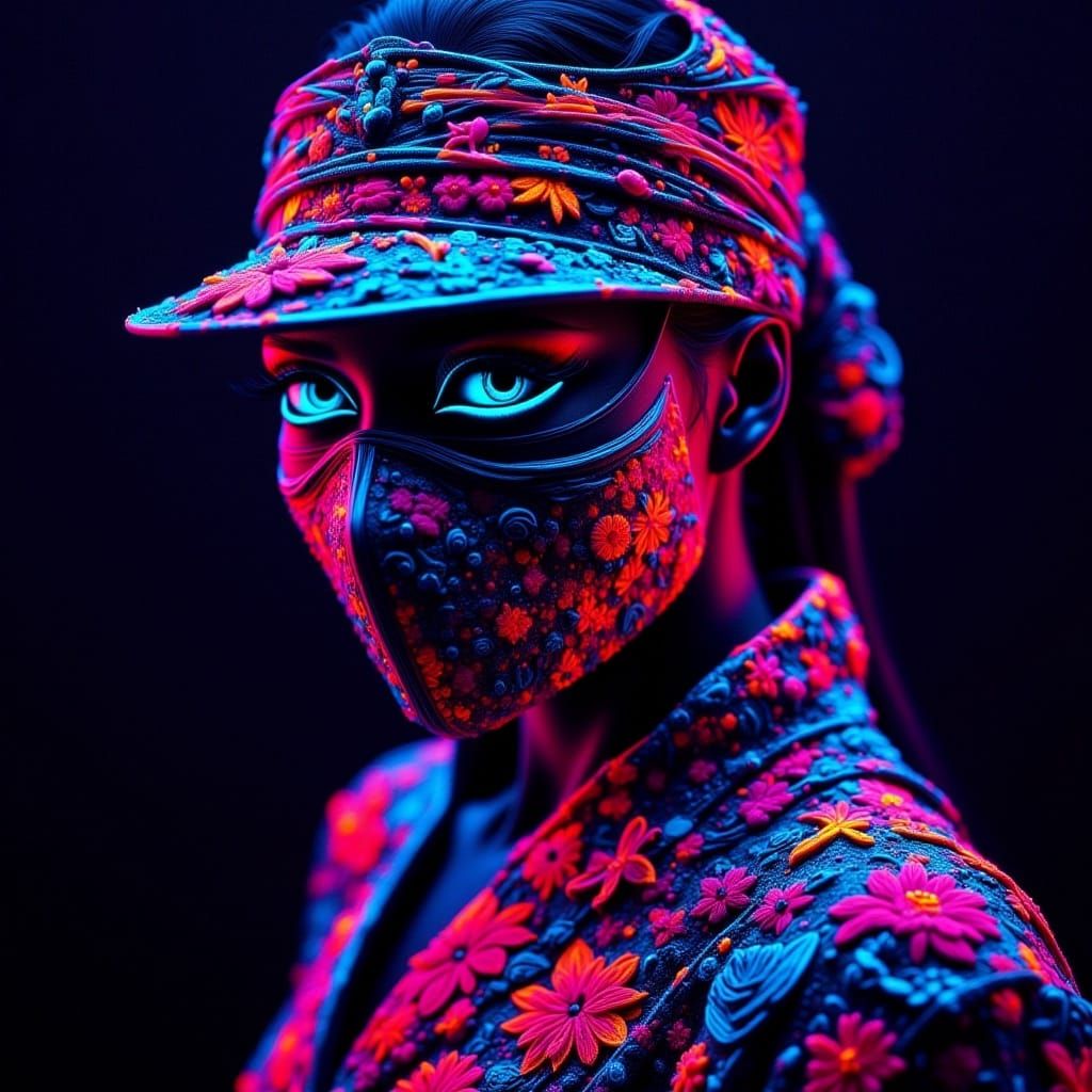 <lora:Blacklight nocturne:1.0> blacklight vibrant neon oil on canvas. A masked Japanese female assassin. Beautiful striking extremely cinema...
