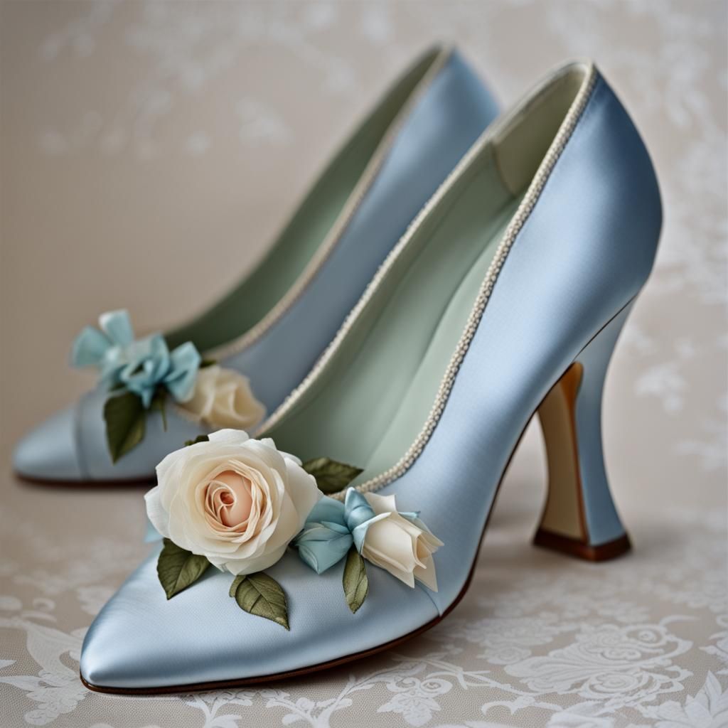 lady shoes, silk, roses, pale blue shoes, regency