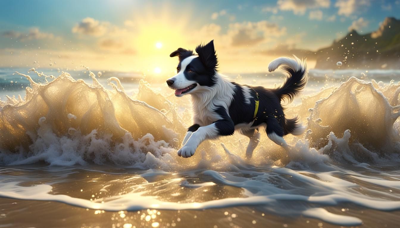 a cute border collie puppy playing in the waves at the beach...