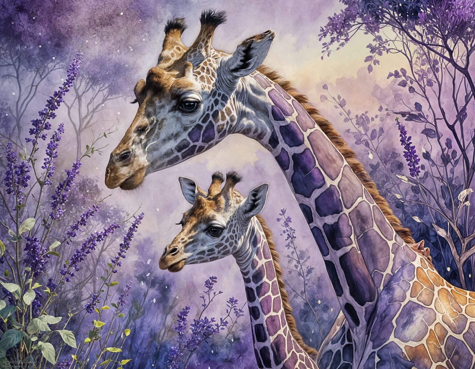 "Loving mother and baby giraffe in shades of purple, lavende...