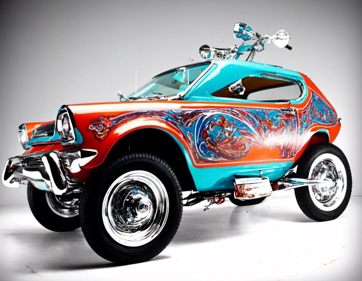 The back end of an AMC Gremlin car morphing into a chopper m...