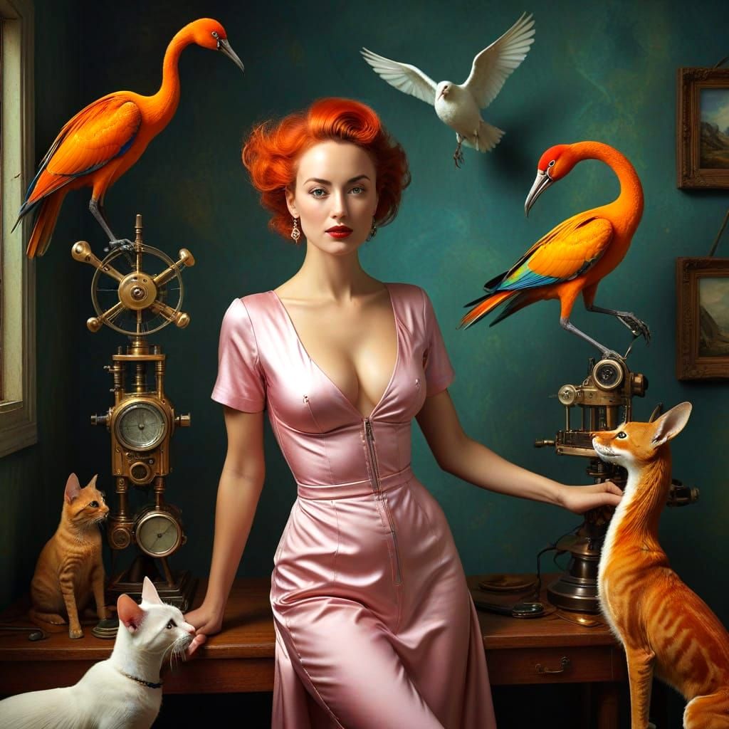 Vibrant Lady Tinkerer in Whimsical Scientific Wonderland