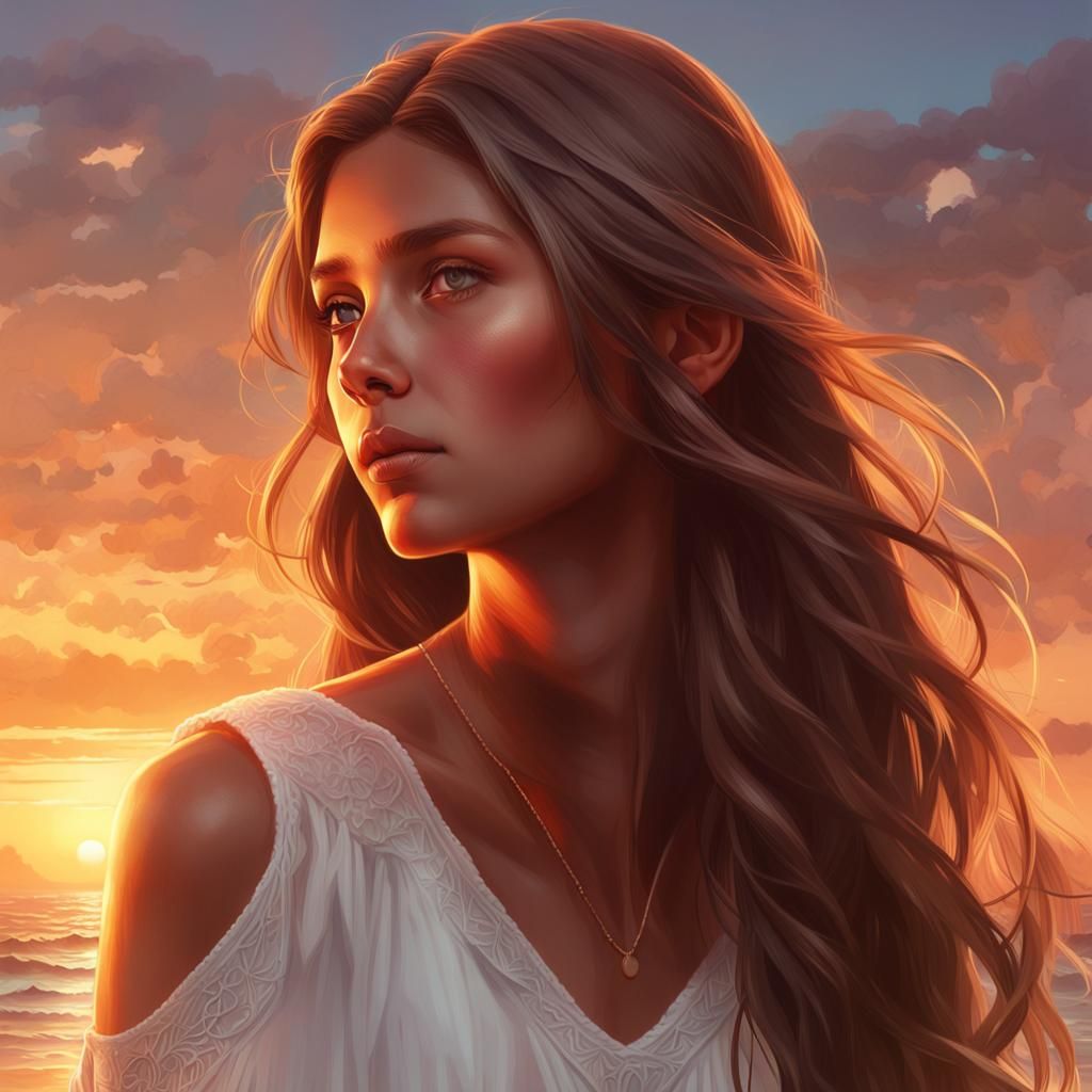 Young Girl Portrait at Sunset in Hyperdetailed Style