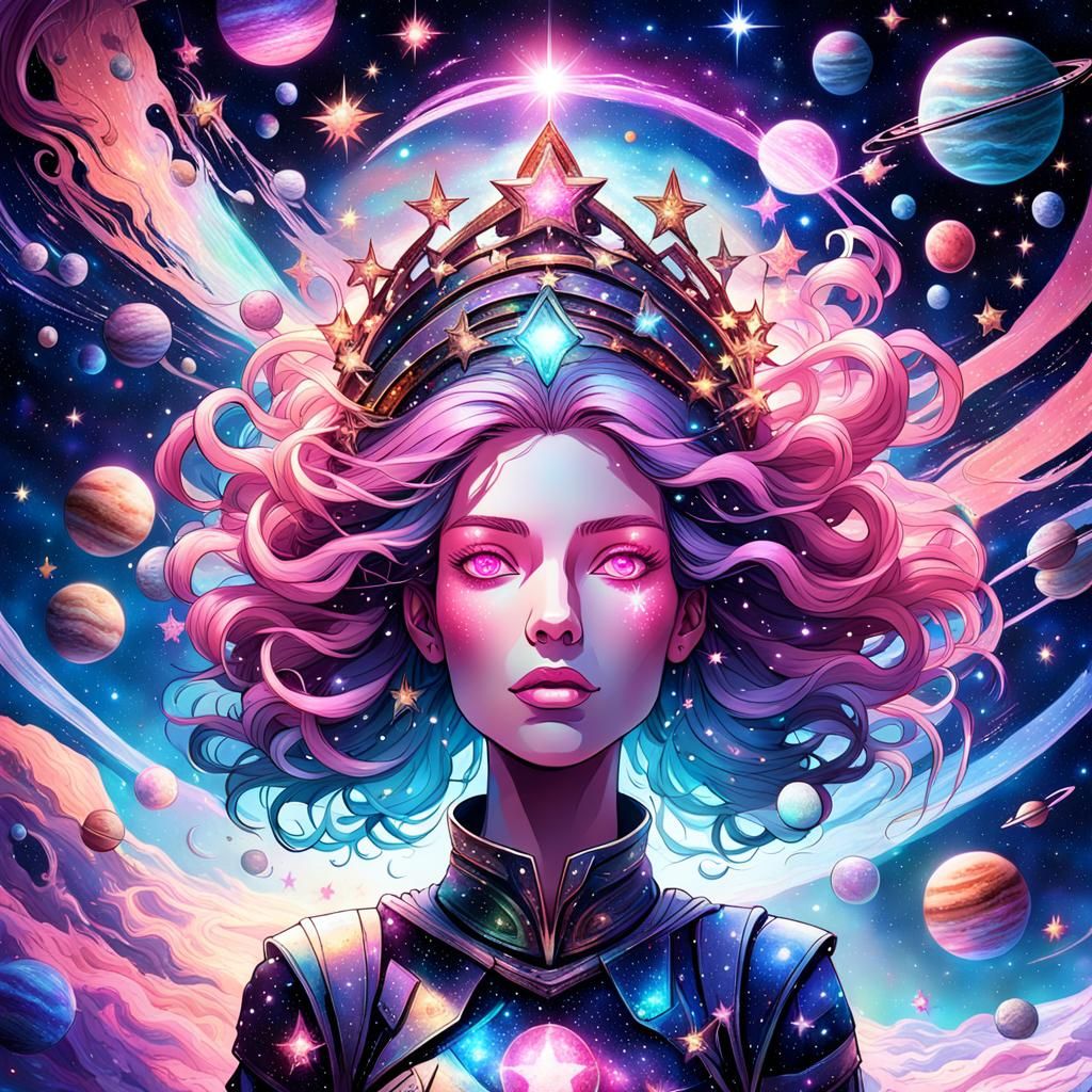 A woman made of space with glowing pink eyes and hair made o...