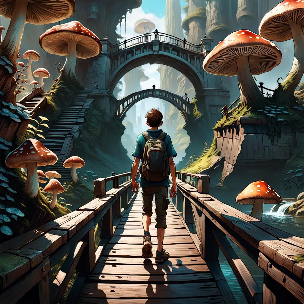 A boy on a path to world of giant mushrooms  by @Ramzey