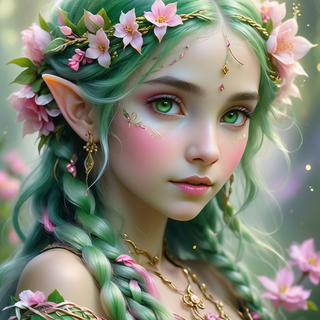 An elf named Flori. She has green hair braided and woven with pink with flowers  by @Kiki