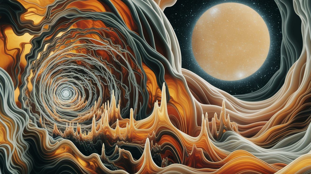 Luminous Stalactite in Swirling Amber Dust 3D Art