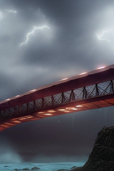 Epic Realistic Eerie picture of a huge suspension bridge ove...