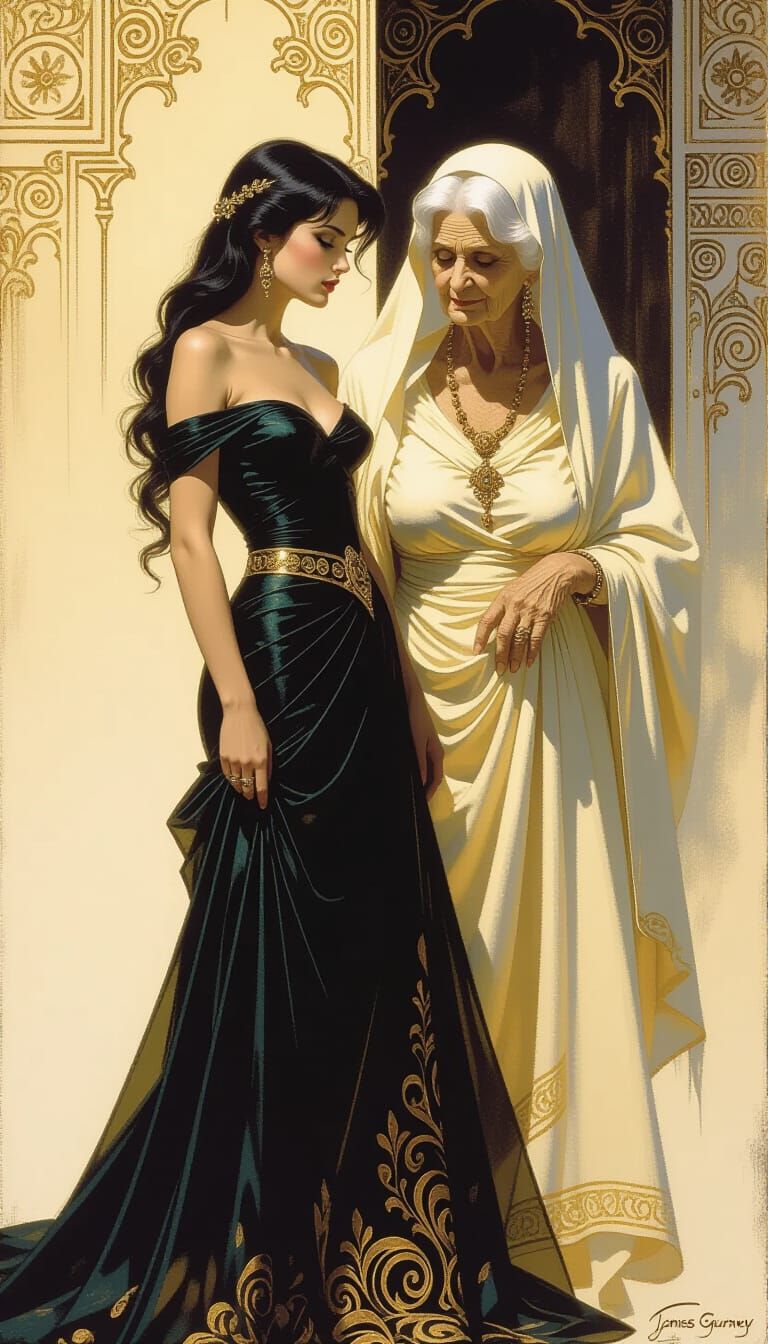 A youthful beauty, symbolizing ambition and progress, juxtaposed against an ancient, old dignified woman ...  by @iAmDaddyRandy