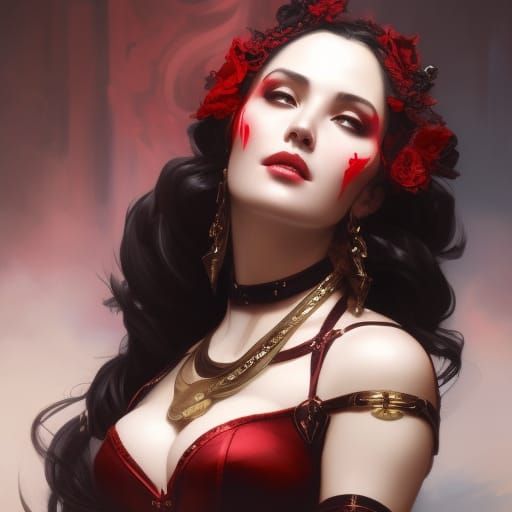 Dark fantasy attractive bard in a red corset, head and shoul...