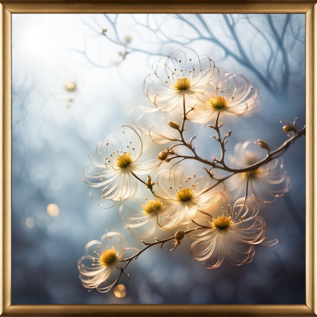 Delicate Detailed Ethereal Gilded Whimsical Fantasy Flower Blossoms growing on a branch emerging from ...  by @g r r c