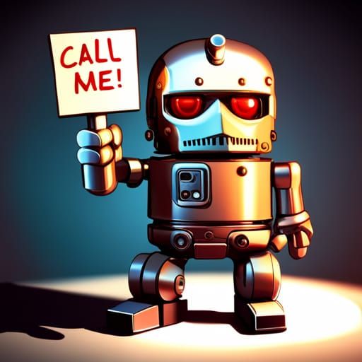 cute metal Terminator robot is holding a placard with text Call Me !  by @Beatrice