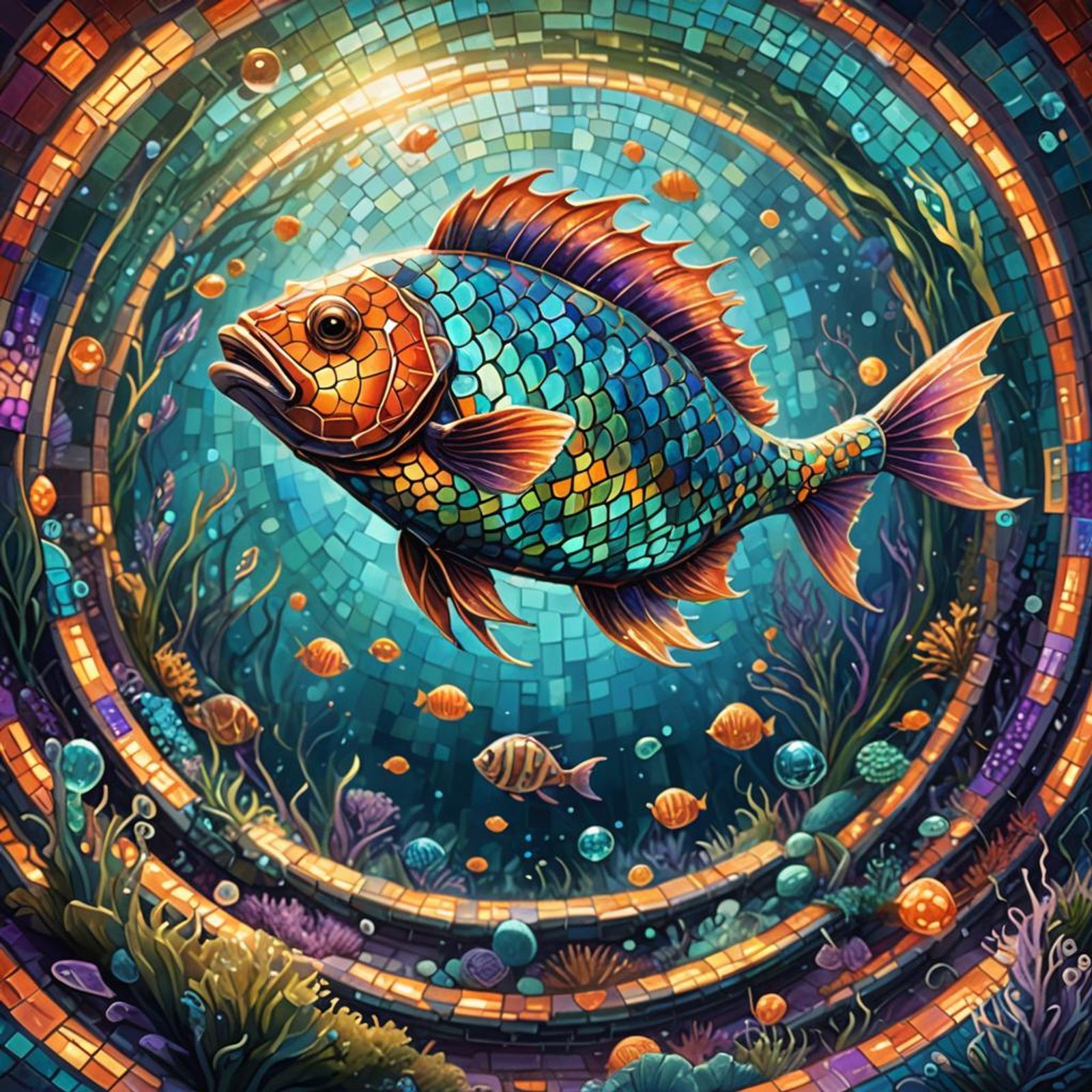 giant happy mosaic fish playing soccer AI Generated Artwork