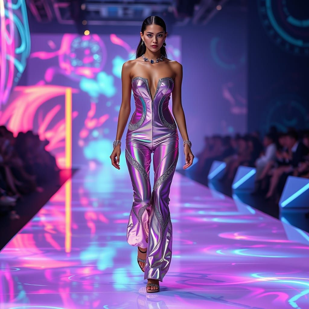 futuristic runway with digital clothing and animated designs  by @Rayznglass