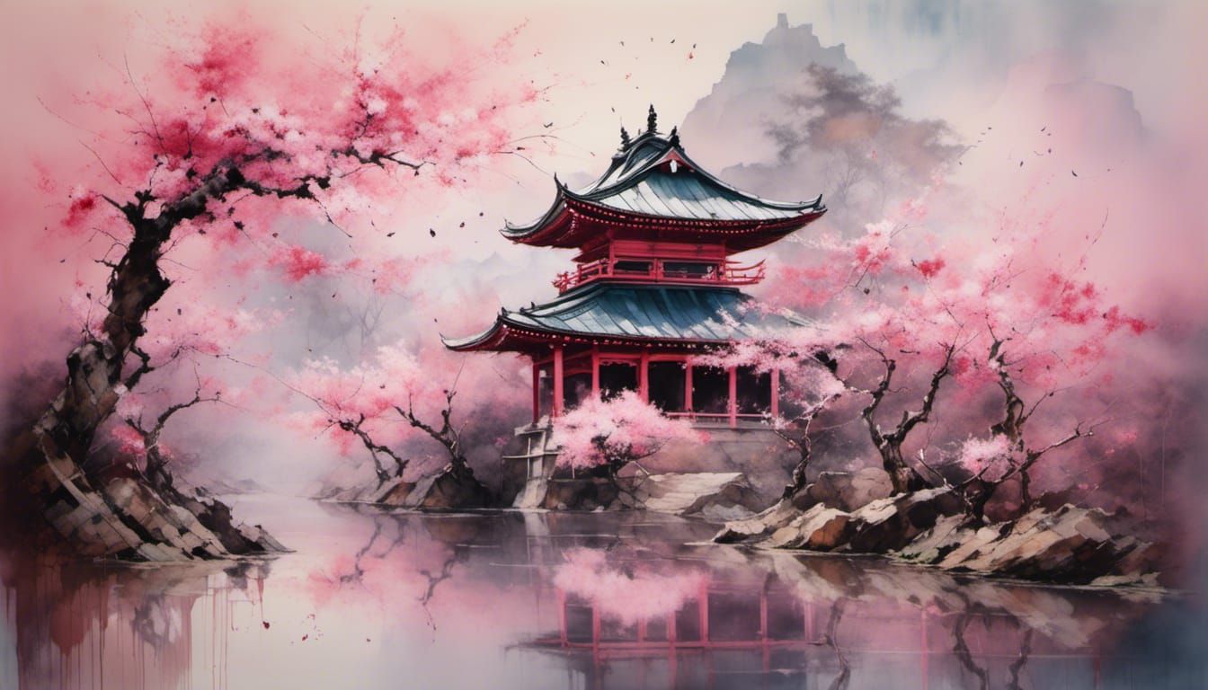 <lora:Woodsplash:1.0> A beautiful scene of Cherry Blossoms trees surrounding a pink Japanese temple, ...  by @MMJoel