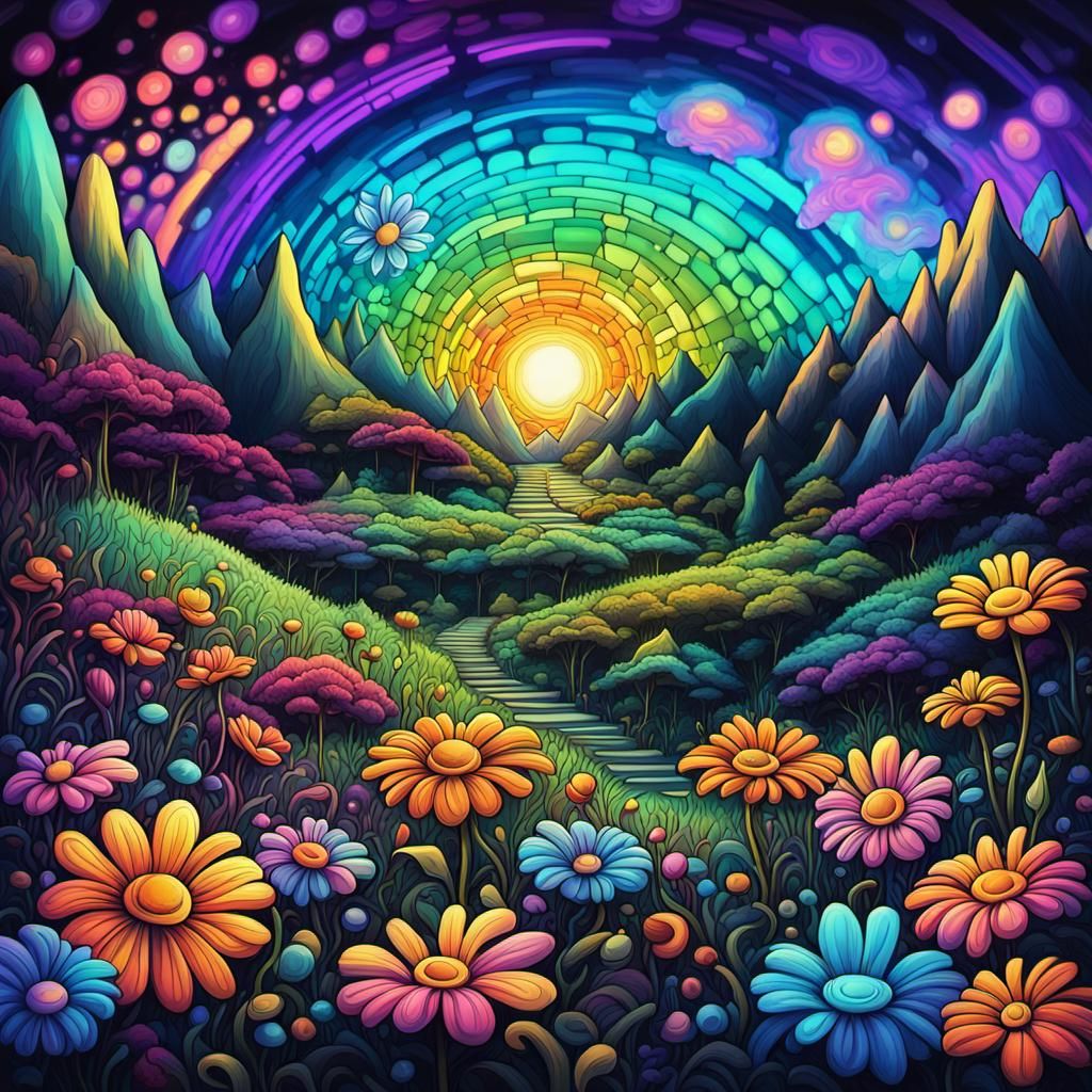 Cinematic fantasy landscape with daisies hyperdetailed intricately detailed triadic colors volumetric lighting color gra...