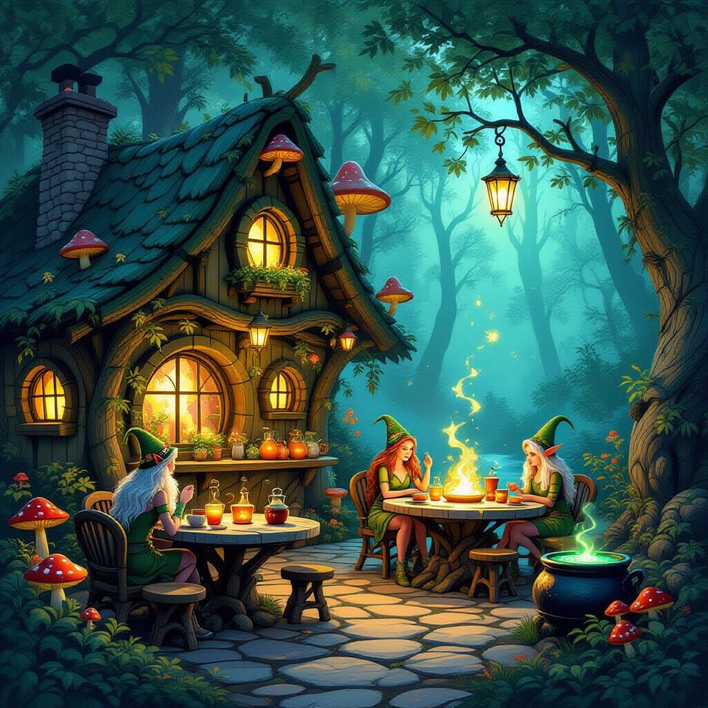 A woodland café where mystical creatures, like fae and sprites, serve enchanted brews from bubbling cauldrons. The café itself is built from...