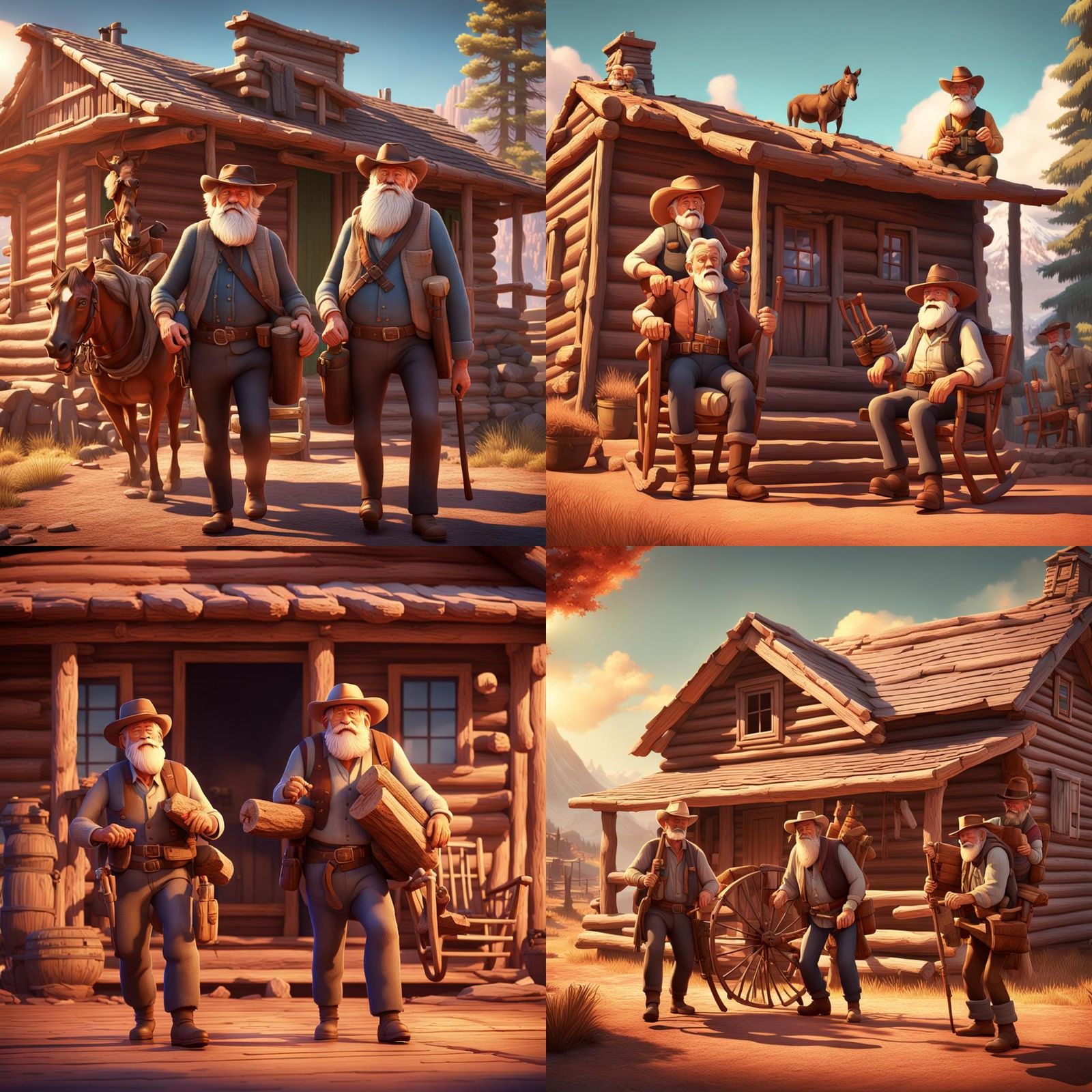 two old west style mountain men carrying a log cabin on thei...