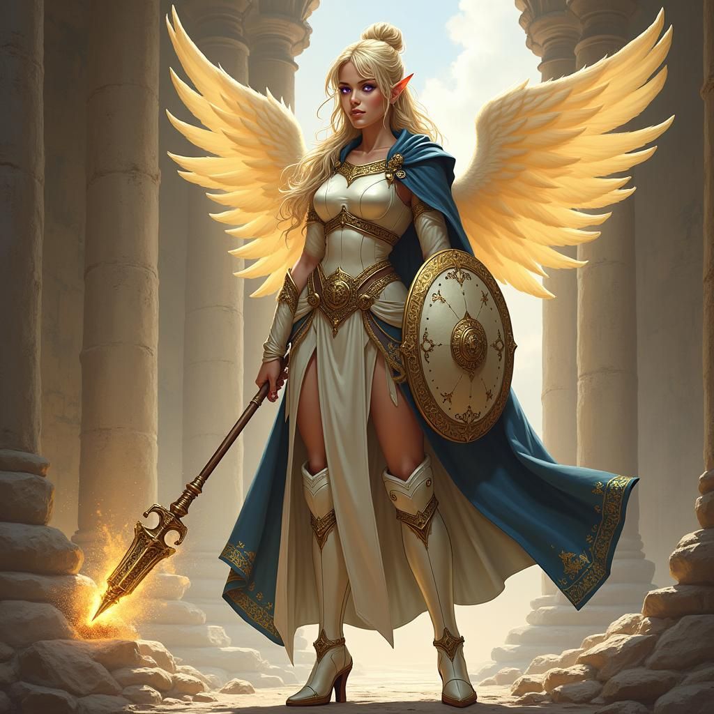 A beautiful female elf Light Domain priest with dark blonde hair in fluttering bangs and a tight bun stands in the midst of a temple ruin. S...