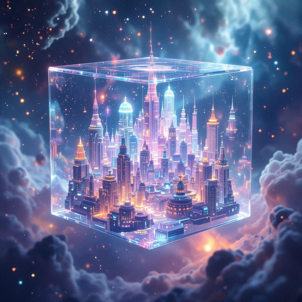 a transparent cube with glowing corners, holding entired galaxies in it, floating through the starry nightsky